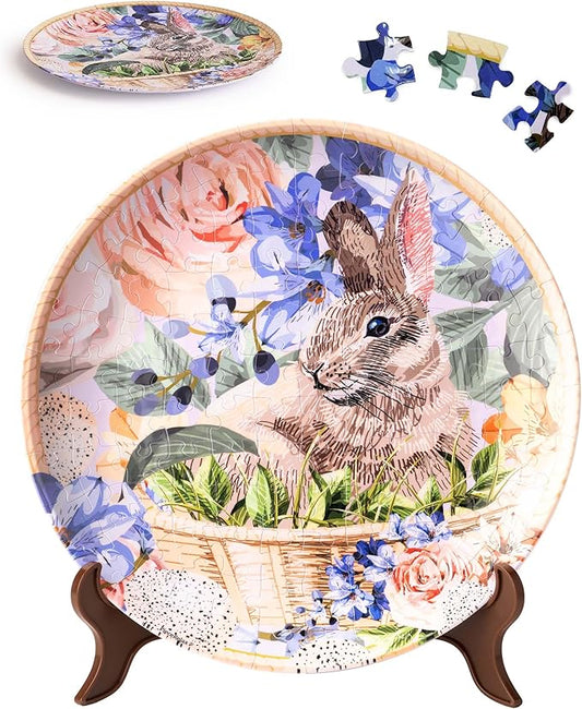 PieceRelax 3D Puzzle Plate 124 Pieces - Easter Bunny Flowers - Jigsaw Puzzle for Adults, Decorative Plate with Durable Plastic Pieces, Ideal Gift for Home or Office Décor [PL1009]