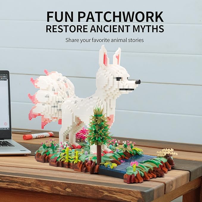 Forest Animal Micro Building Blocks Set - Nine Tailed Fox Stand in Lawns - Flowers and Trees, 4160 PCS Collectible Building Toy Gift for Adults and Kids Ages of 14+