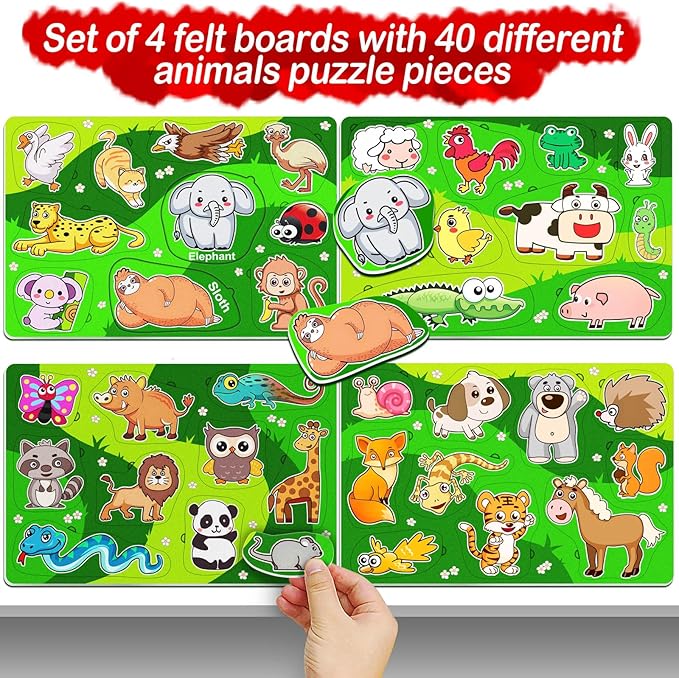 4 Pack 40 Pieces Felt Zoo Land Animals Forest Toys for Toddlers Sorting Busy Board Montessori Matching Game Jigsaw Educational Preschool Early Learning Skills Batter Than Wooden Toy Gift for Kids