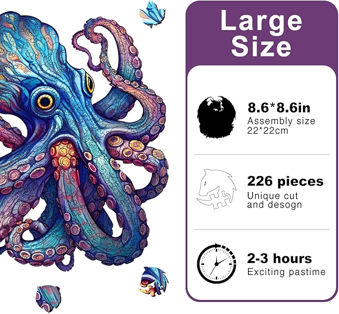 Wooden Puzzles for Adults, Octopus Wooden Jigsaw Puzzle, Premium Box Unique Shaped Ocean Puzzle, Wood Cut Puzzles, Best Family Ideas (L-11.4 * 11.4in-226pcs)
