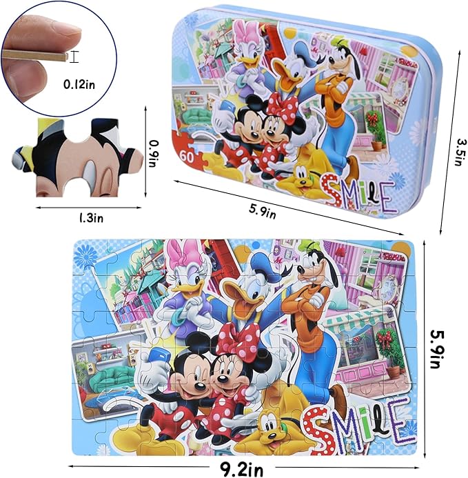 Minnie Mickey Puzzles for Kids Ages 3-8 - 60 Piece Jigsaw Puzzles for Girls & Boys - Educational Toys in a Metal Box