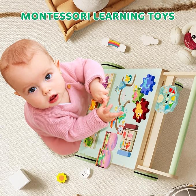 Wooden Baby Walker, Dinosaur Toddler Push Walker, Montessori Learning Activity Center for Boys Girls, Develops Motor Skills Sit-to-Stand Toys Multifunctional Educational Gifts for Kids Infant