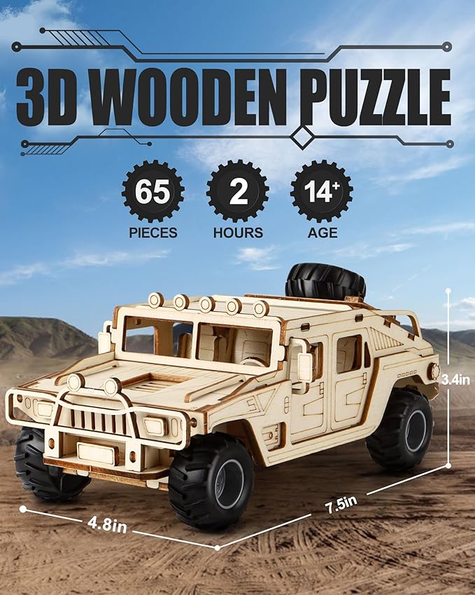 3D Wooden Puzzles Model Car Kits to Build for Adults, DIY Off-Road Car Building Kits, Brain Teaser Pull Back Toys, Gift for Men Boys on Birthday/Christmas Day
