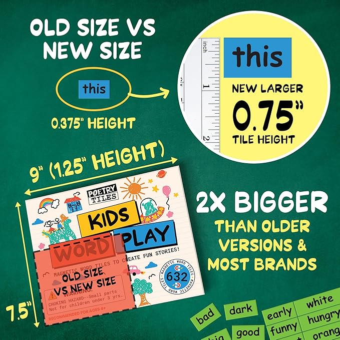 Kids Word Play – 632 Fridge Magnets for Children – Explore Sentence Building, Writing, Poetry, and Imagination with Magnet Words for Your Refrigerator – Big .75" Tall Tiles – Color-Coded