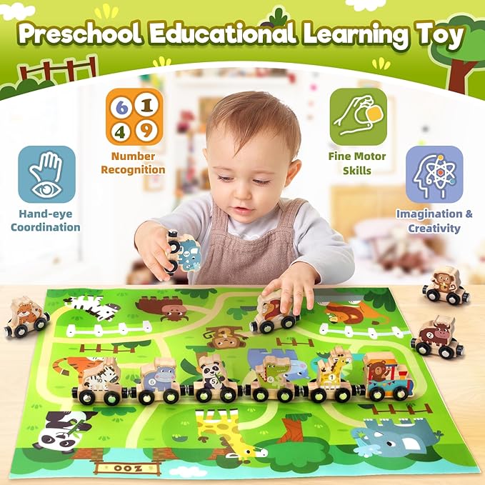 Toys for 1 2 3 Year Old Boys Girls, Montessori Toys Magnetic Wooden Train Set Gifts for 2-3-4 Year Old Boy Girl Educational Toddler Toy Birthday Presents Age 1+ Kids Animal Farm Games with Track Mat