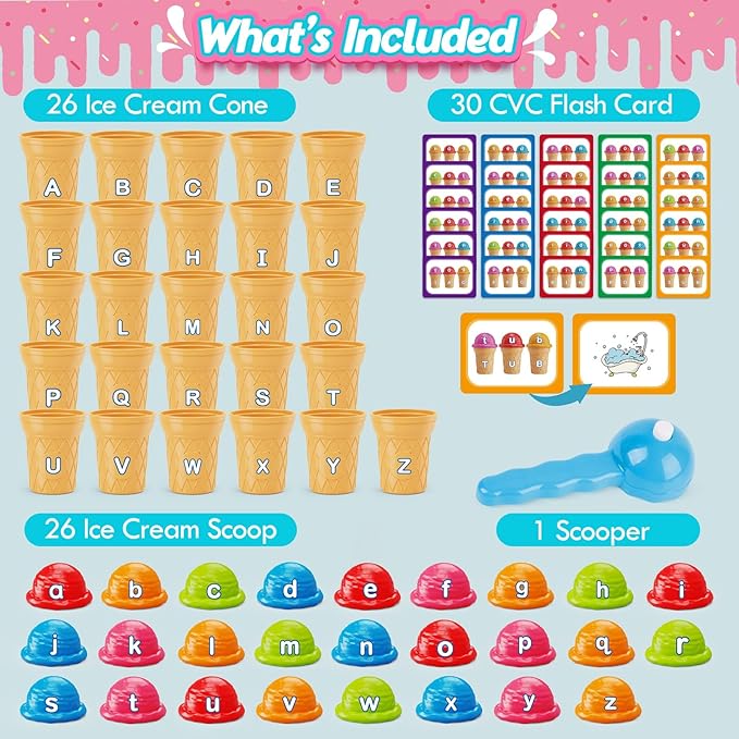 Aizweb Ice Cream Alphabet Learning Toys,Color Sorting Matching Letter Game for Toddlers,Stacking Montessori Preschool Kindergarten Learning Activities,Educational ABC Fine Motor Skills Toys