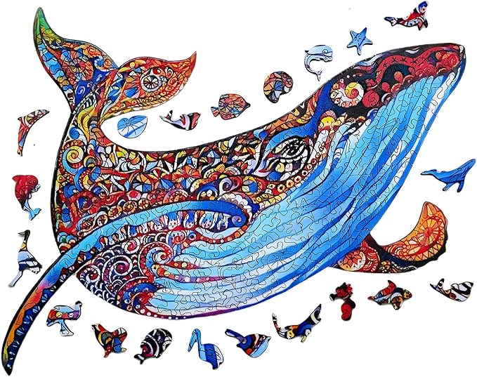 Wooden Jigsaw Puzzle for Adults,Blue Whale Animals Shaped Magic Puzzle Pieces Best Gift for Adults,Can be Used as a Cool Mouse Pad,225pcs,(19.29 * 12.79 inches)