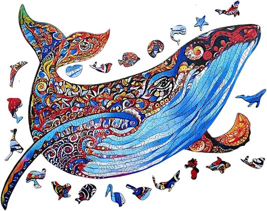 Wooden Jigsaw Puzzle for Adults,Blue Whale Animals Shaped Magic Puzzle Pieces Best Gift for Adults,Can be Used as a Cool Mouse Pad,225pcs,(19.29 * 12.79 inches)