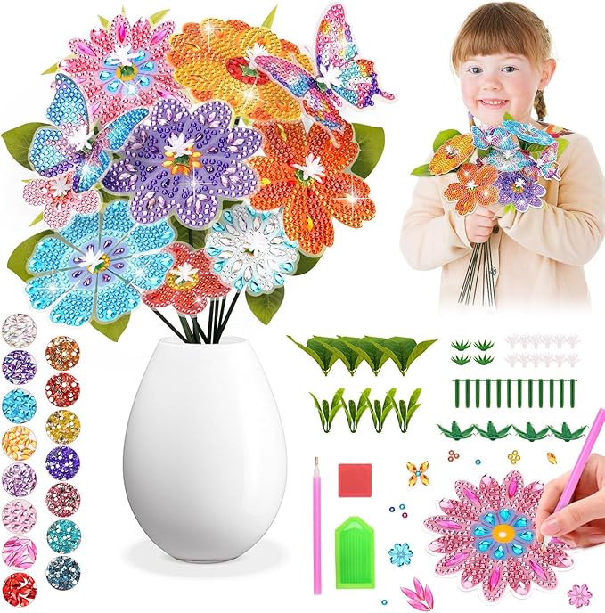 Crafts for 6-8-12-10 Year Old Girls Birthday Gifts, Arts & Crafts for Kids Ages 6-12 Diamond Art Kits for Girl Toys Age 7 8 9 11 Teen Girls DIY Gem Flower Bouquet for Home Room Decor Party Activities