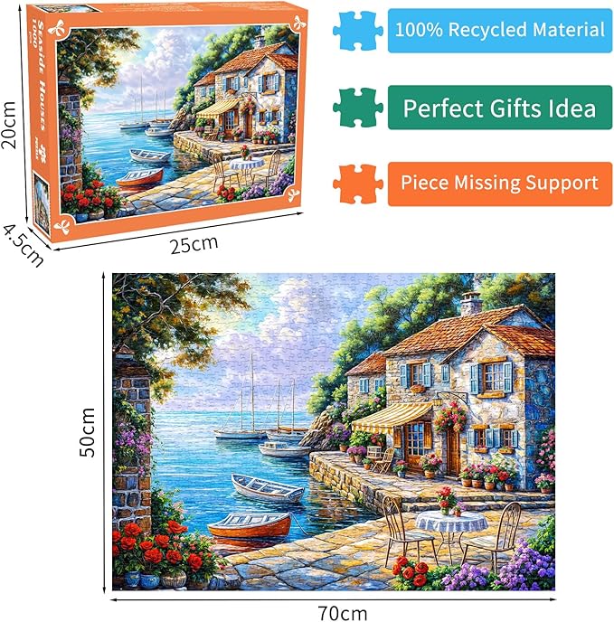 Seaside Houses Jigsaw Puzzles 1000 Pieces for Adults Coastal Cottage 1000 Piece Jigsaw Puzzles for Adults