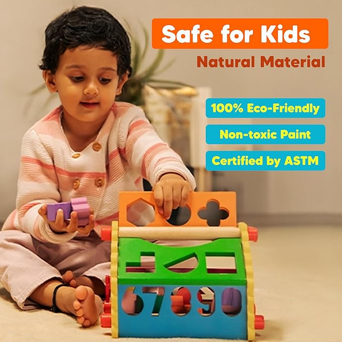6-in-1 Wooden Shape Sorter for Toddlers 1 2 3+ Years | Educational Montessori Toy with Numbers, Shapes, Colors | Develops Fine Motor Skills | 100% Child Safe | Learning Gift for Kids