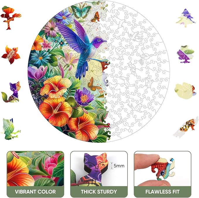 Ruikiyart Wooden Puzzles for Adults, 5MM 200 Pieces Hummingbird Wooden Jigsaw Puzzles, Birds Puzzle Unique Shaped for Adults and Kids on Thanksgiving, Christmas Family Puzzle Games (11.2'' x 11.2'')