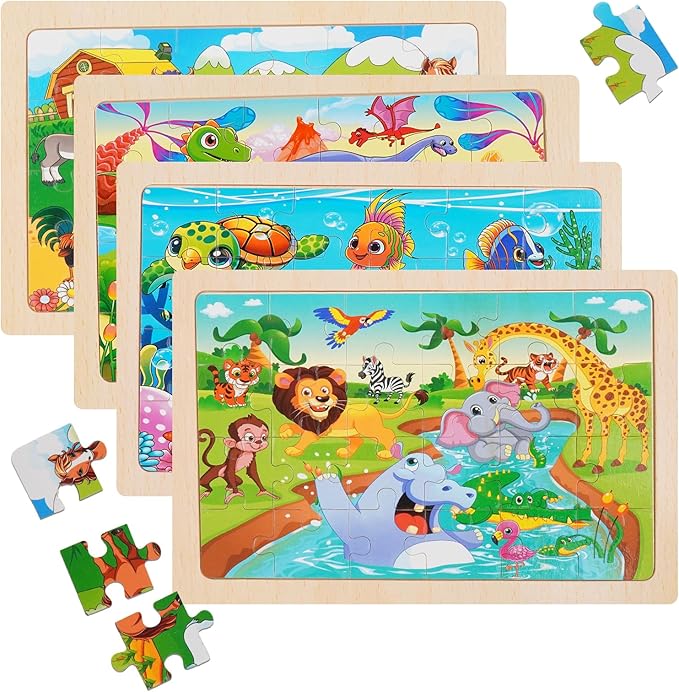 Wooden Jigsaw Puzzles for Kids Ages 3-6, 4 Pack with Animals Preschool Educational Toys, Toddler Puzzles Gift for 3 4 5 Year Old Boys Girls (Animal)