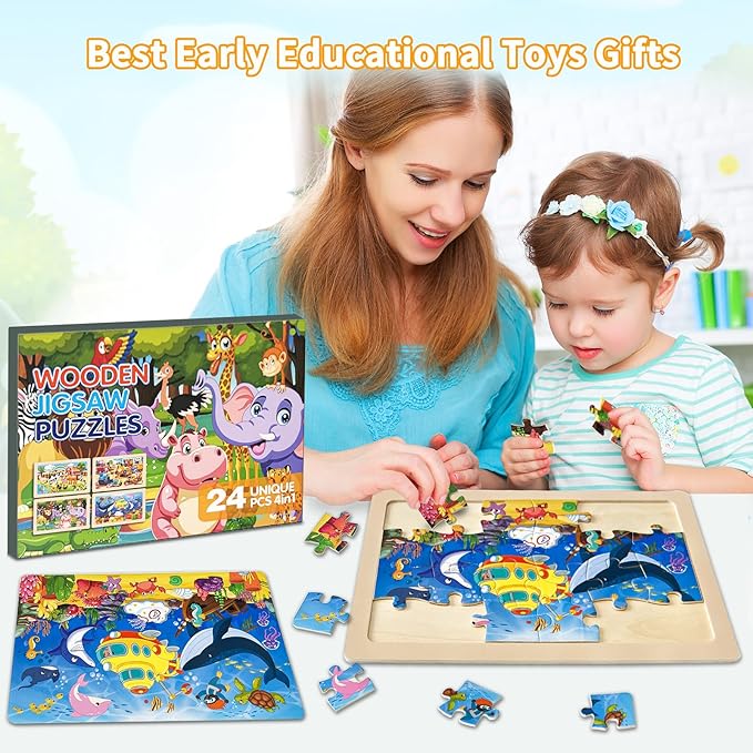 Wooden Puzzles for Kids Ages 4-6, 4 Packs 24 PCs Jigsaw Puzzles Preschool Educational Toys Gifts for Children Ages 3-8, Kids Puzzle for 3+ Year Olds Boys Girls