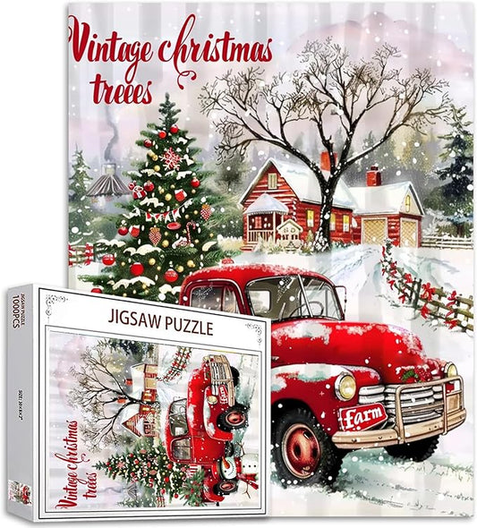 Christmas Puzzles 1000 Pieces for Adults, Families (Christmas Tree,Wooden House,Red Car,Forest) Pieces Fit Together Perfectly 19.7''x27.6''inch Winter Landscape Magic Puzzle Art Boho Gift（Red）