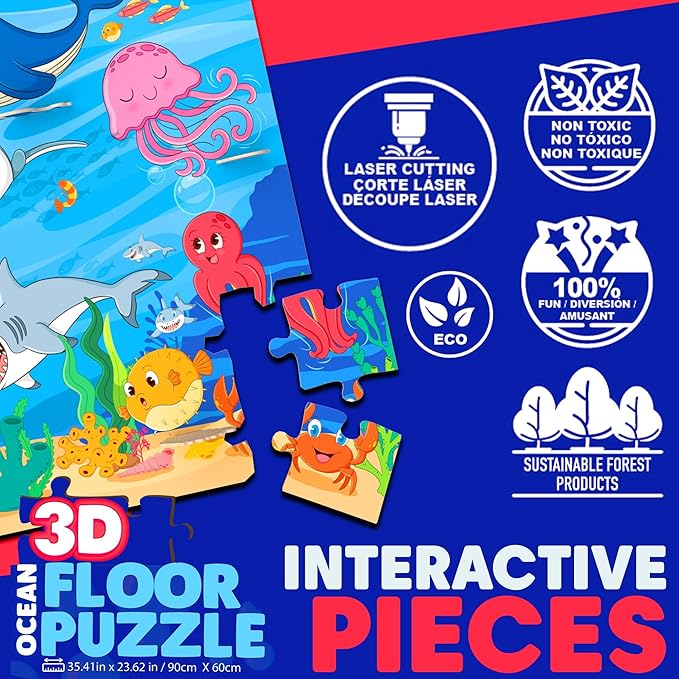 3D Ocean Floor Puzzles for Kids – Extra-Large 48 Piece Floor Puzzle for Kids Ages 3-5 & 4-6 | Jumbo Floor Puzzle with 7 Stand-Up Sea Animals, Big 5" Pieces | Educational Toddler Floors Puzzle Gift
