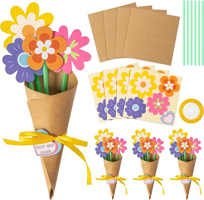 BeYumi Flower Bouquet Craft Kit - 48Pcs Mother's Day Flower Bouquet Craft for Kids Make Your Own Bunch of Flowers Teacher Appreciation Week DIY Thankful Gift Set School Classroom Home Fun Activities