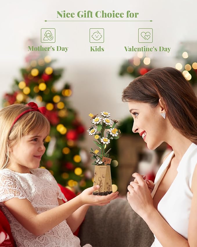 rowood 3D Puzzle Wooden Flower,DIY Flower Building Block Set Craft Kit for Kids,Mother's Day/Valentine's Day/Teacher's Day/Thanksgiving/Christmas/Birthday Gift for Mom/Grandma-Chamomile