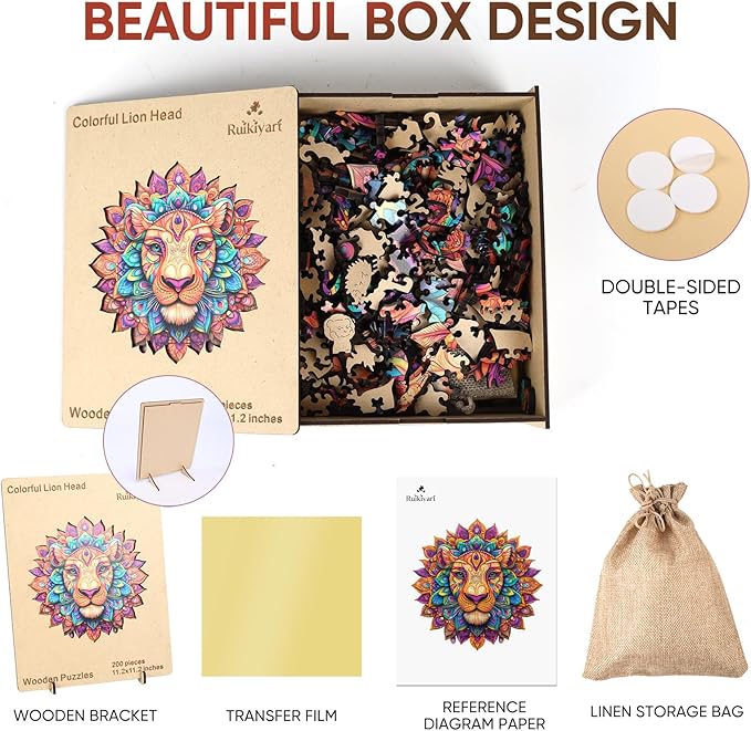 Lion Wooden Puzzles for Adults 200 Pieces,Unique Irregular Shape Mandala Wooden Jigsaw Puzzles for Adults and Kids,Creative Gift,Extra Thick 5MM,11.2x11.1 Inch