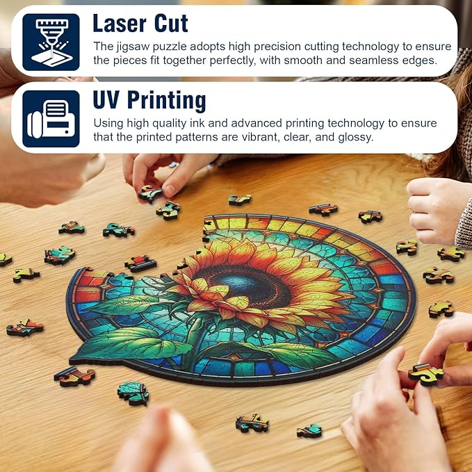 Wooden Puzzle for Adults, Stained Glass Sunflower Puzzle, Wooden Jigsaw Puzzles with Wooden Box, Unique Plant Shaped Wood Cut Puzzles, Family Games for Kids and Adults, 300 Pieces 15.2"x 15.2"