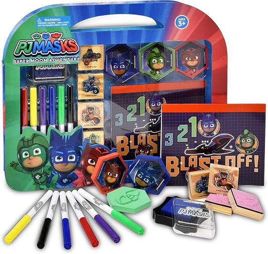 PJ Masks Coloring Stamper and Activity Set, Mess Free Craft Kit for Toddlers and Kids, Drawing Art Supplies Included Sketch Book, 6 Color Markers, 3 Foam, 4 Wooden Stampers