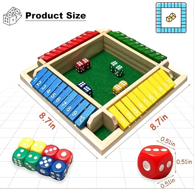 Shut The Box Game Dice Game, 2-4 Player Math Learning Toy for Adult Kids 5-7 8-12, Educational Wooden Board Tabletop Game with 8 Dice for Family, Classroom & Senior Activities, Pub and Party