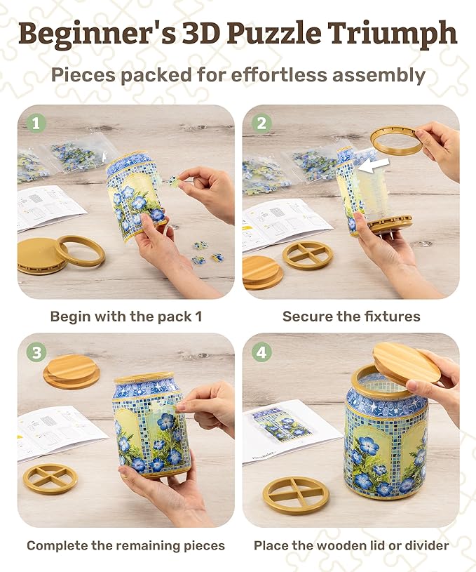 3D Puzzle Jar 128 Plastic Pieces for Adults - Wishing Blue Dianthus Use Includes Divider Pen & Utensil Holder with Wooden Lid Dining,Study Living Room Medium [BA1015]