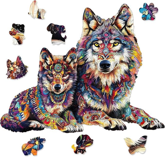 Ruikiyart Wooden Puzzles for Adults, 5MM 500 Pieces Wolf Family Wooden Jigsaw Puzzles, Animal Unique Shaped Puzzle Gifts for Adults and Kids on Thanksgiving,Family Puzzle Games (20.5"*16.1")