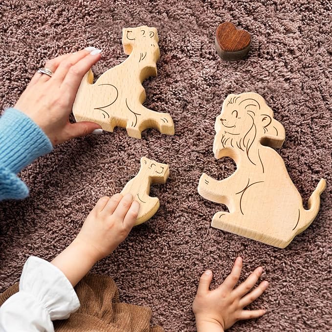 Wooden Lion Family Puzzle Games, Personalized 3 Name Puzzle for Home Crafts Decor, House Warming Birthday Party Gifts for Mom Dad Grandma Kids New Baby, Wooden Bear Family