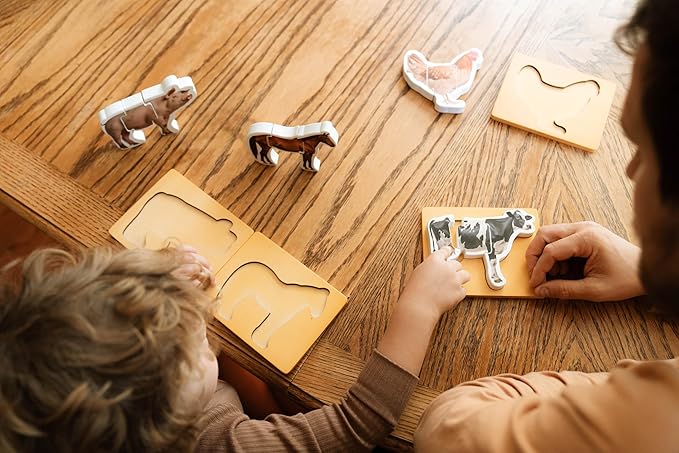Wooden Montessori Animal Puzzles for Toddlers 2+ Years | Realistic Chunky Farm Animal Shape Puzzle | Educational Learning Toy - Three-Piece Farm Animal Puzzles