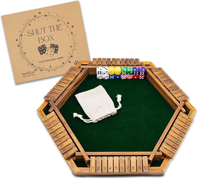 Sam & Evie 1-6 Player Shut The Box Game Wooden Close The Box Dice Game Board with Folding Tiles – Classic Family Table Game for Adults, Kids, Party, Travel, Classroom – 4 to 6 Person Play