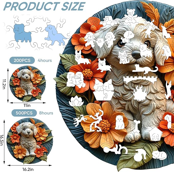 Wooden Puzzle for Adults - 3D Vision Effect White Dog Wooden Puzzle 500 Pcs Unique Shape Advanced Wooden Jigsaw Puzzle, Wood Puzzles, Challenge Wooden Jigsaw Puzzle(16.2 x 16.5 in)