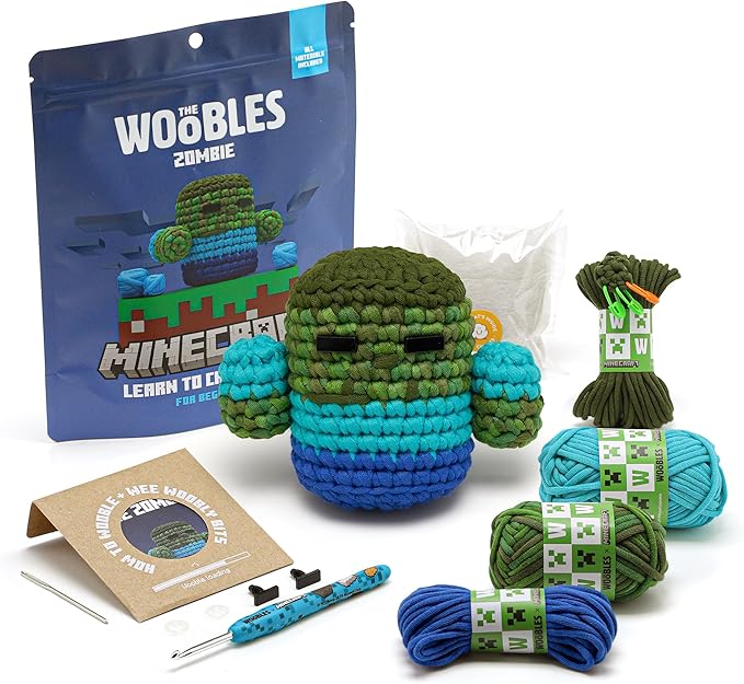 The Woobles Minecraft Crochet Kit – Beginner Crochet Kit for Adults & Kids, Easy Knitting Kit with Woobles Yarn, DIY Crafts, Crochet Animals, Minecraft Toys, Gift for Gamers & Crafters (Zombie)