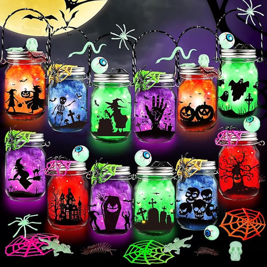 Letapapa Halloween Crafts for Kids, 12 PCS Mason Jar with Accessories for DIY Craft & Art Party Favor Supplies, Halloween Decoration Trick or Treat, Classroom Art Activities