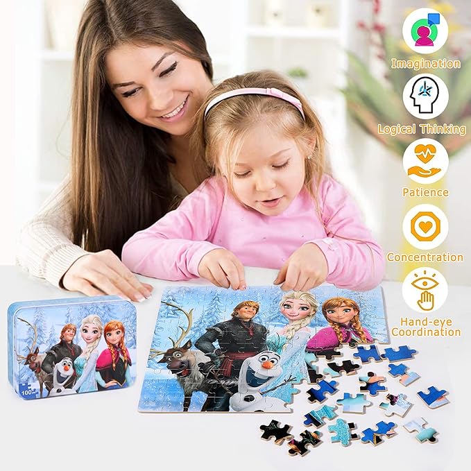 LELEMON Puzzles for Kids Ages 4-8,Snowmen 100 Piece Puzzles for Kids,Educational Kids Puzzles Jigsaw Puzzles in a Metal Box,Children 100 Piece Puzzle Games Puzzle Toys for Girls and Boys