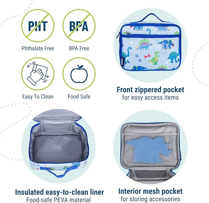 Wildkin Kids Insulated Lunch Box Boys – Durable and Reusable for School & Travel (Dinosaur Land)