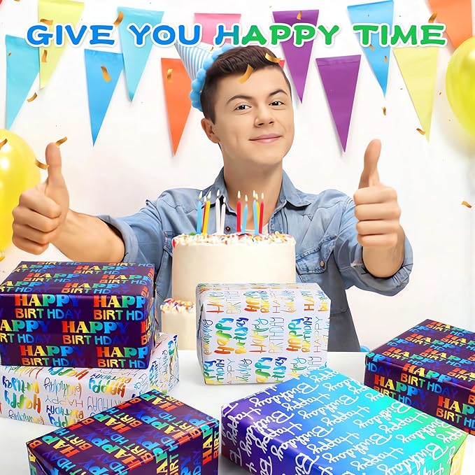 Wrapping Paper Birthday Wrapping Paper Sheets Hradient Multi-colour Happy Birthday Paper Set Include Bday Gift Wrap withTags & Ribbon,Present wrap for Boys Men Girls Women