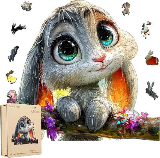 Wooden Puzzles for Adults,200 Pieces Wonderful Bunny Wood Puzzles for Adults and Kids,Unique Shaped Flower Rabbit Wooden Jigsaw Puzzles,Creative Christmas Bunny Gifts,11.2"x10.1"
