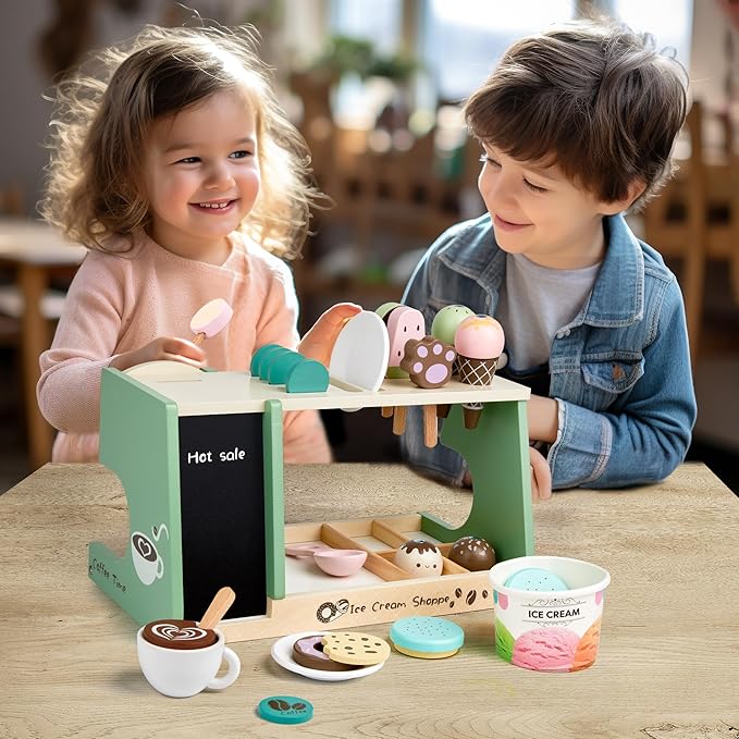 Wooden Ice Cream Toy, 3-in-1 Ice Cream Counter with Coffee Maker 28 PCS Toddler Pretend Play Kitchen Accessories Wooden Toys for 3 4 5 6 Year Old Girl or Boy (Ice Cream)