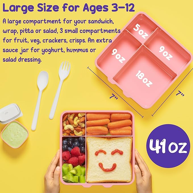 Fimibuke Kids Bento Snack Lunch Box with 4 Compartment, Insulated Bag, Stainless Steel Vacuum Thermos Food Jar, Ice Pack, Utensils Set, Birthday Gift for Age 3-12 Back to School Toddler Girl Boy Adult