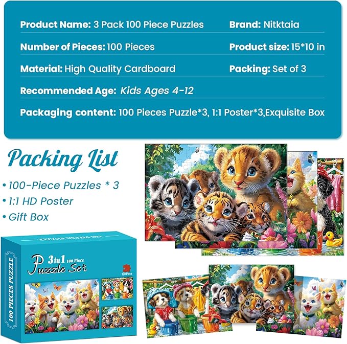 3-Pack 100 Piece Puzzles for Kids,Cute Dogs Cats Tigers Animals Puzzle for Kids Age 4-6 6-8 8-10,Unique Large Piece Jigsaw Puzzle,Recycled Paper,Bright & Colorful Educational Puzzle,Boys Girls Gift