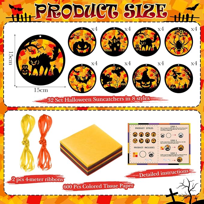 Funrous 32 Set Halloween Suncatchers Crafts Kit Orange Pumpkin Suncatcher Paper Crafts with Tissue Paper DIY Window Stained Glass Decor Hanging Ornaments for Halloween DIY Activities Party Favors