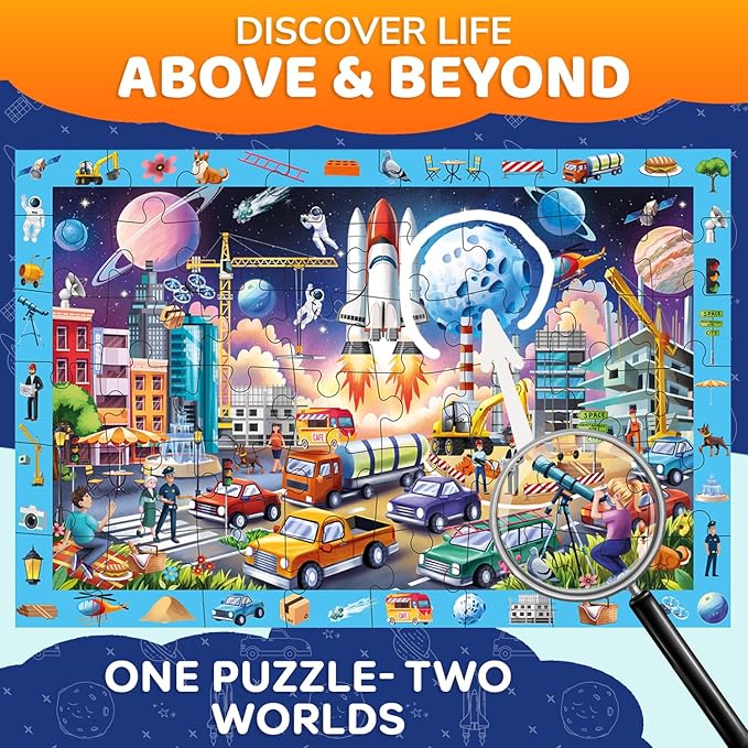 QUOKKA Floor Puzzles for Kids Ages 4-8 – 2x3 FT Giant Search and Find Educational Jigsaw – 48 Large Pieces – Above and Beyond Observational Scene – Fun Montessori Learning Activity with Gift Box