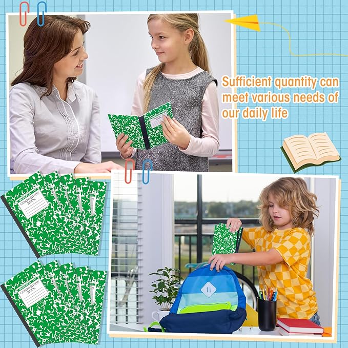 Fainne 100 Pack A5 Composition Notebooks Bulk College Ruled Composition Notebooks Marble Covers Notebook for Student Classroom Office Supplies 30 Sheet/60 Page(Green)