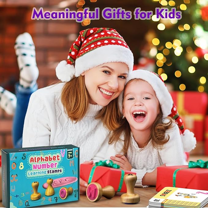 Montessori Wooden Alphabet & Number Stamp Set with Playdough, Flashcards, Toddler Learning Activities for 3-5 Year Olds, Learn ABCs, Numbers, Words, Addition - Preschool Classroom Supplies