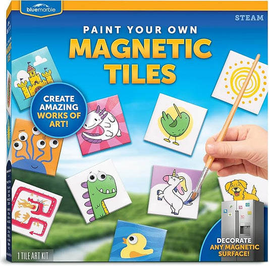 Blue Marble Magnetic Tile Art Craft Kit - Paint Your Own Magnetic Mini Tiles, Includes 10 Tiles, Magnets, 6 Paints, Brush, Googly Eyes & Transfer Stickers, Magnet Art Kit, DIY Magnets for Kids