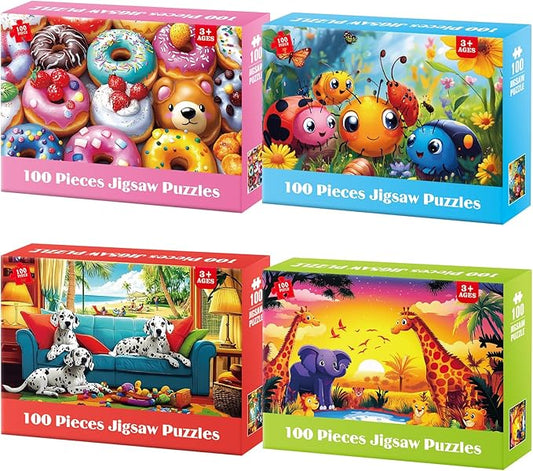 4 Packs 100 Piece Puzzles for Kids Ages 4-6-8-10, Donuts Insects Dalmatians Animals Large Piece Jigsaw Puzzles for Children Senior Adult Educational Puzzle Toys Preschool Birthday Gifts