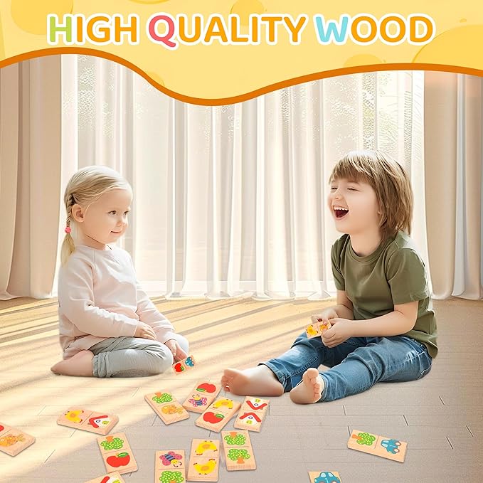 28 Pcs Wooden Domino Puzzle Game - Multicolor Fruit & Animal Design, Educational Family Logic and Thinking Skill Development Toy, Montessori Toys, Matching & Learning Board Game, Gift for Age 3+