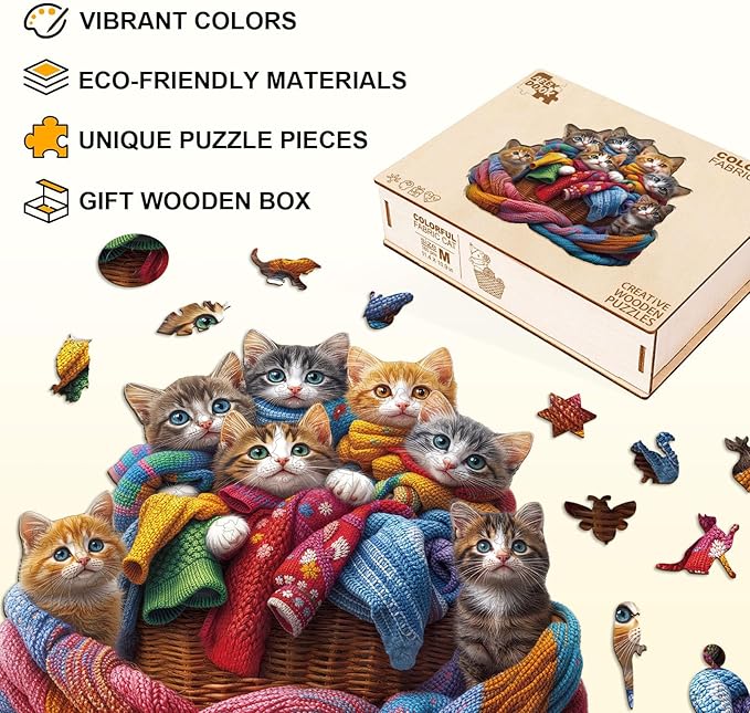 Wooden Puzzles for Adults - Colorful Fabric Cat Wooden Puzzle - Unique Shapes Wooden Jigsaw Puzzles for Adults - Eco-Friendly Home Office Decor (11.4 * 10.9in)