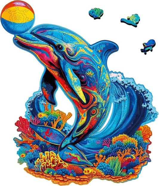 Wooden Puzzles for Adults, Playful Dolphin Wooden Jigsaw Puzzle 200 Pieces, Unique Animal Shaped Wooden Puzzle Adults, Creative Christmas Birthday Gift for Kids Teens Friend Family Game(10.9 * 9.3 in)